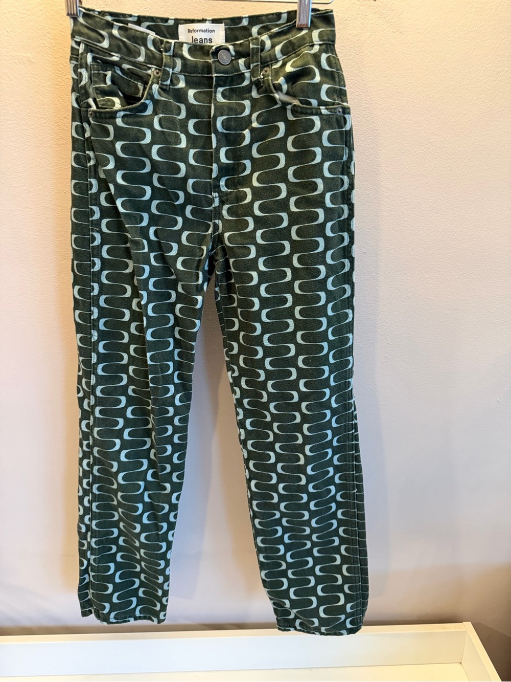 Reformation Jeans Cynthia High Rise Straight Leg Green Blue Wave Print Size 24